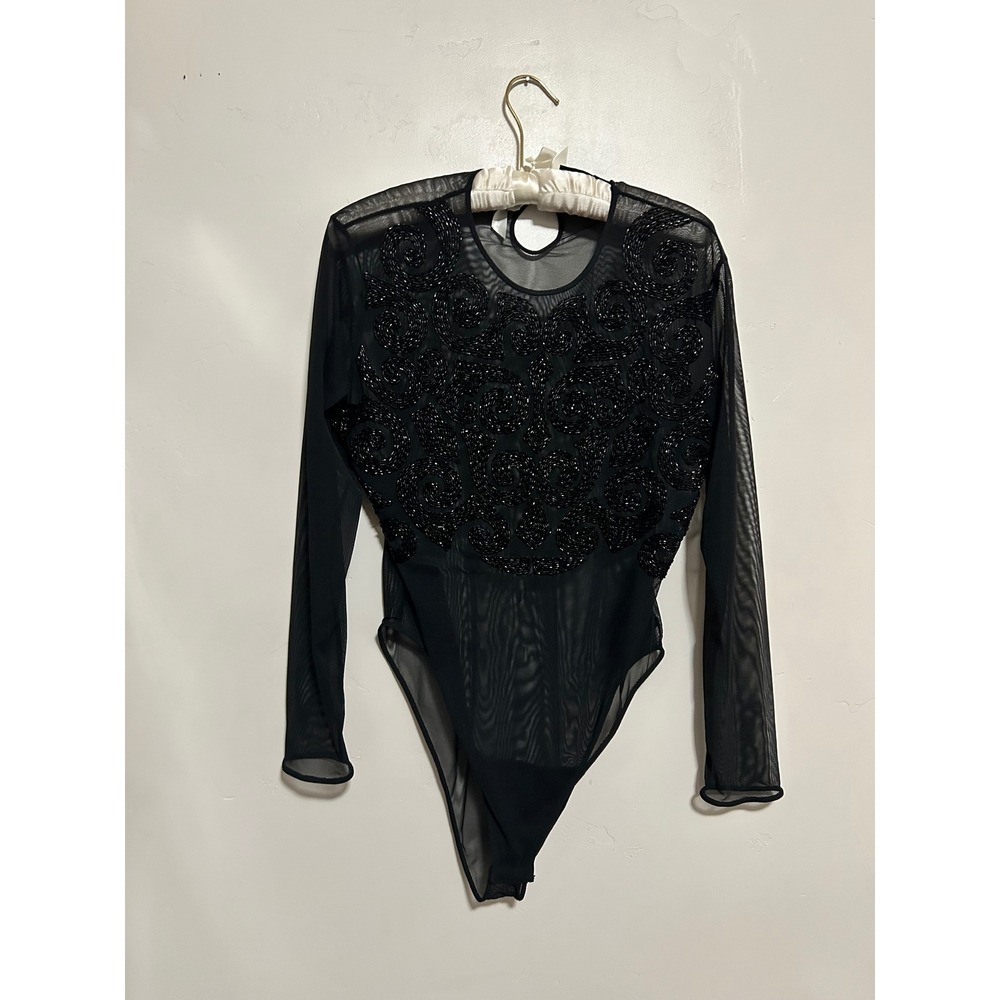 ESCADA Black Mesh‎ Beaded Long Sleeve Bodysuit Women m